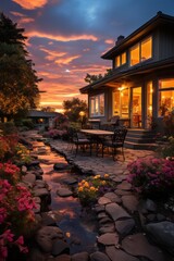 Fototapeta premium Backyard sunset casting warm hues over the landscape, Generative AI