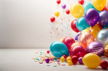 Fototapeta na wymiar Multicolored balloons and confetti on a white wooden background.