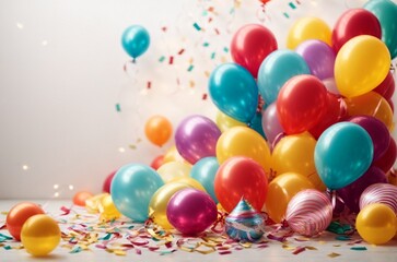 Multicolored balloons and confetti on a white wooden background.