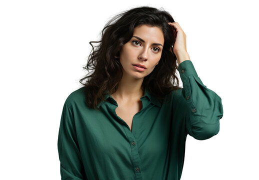 A young woman with long black hair and a turtleneck sweater is perplexed by the query. doubtful and unsure, hand on head as though thinking. deep thought.