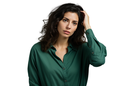 A young woman with long black hair and a turtleneck sweater is perplexed by the query. doubtful and unsure, hand on head as though thinking. deep thought.