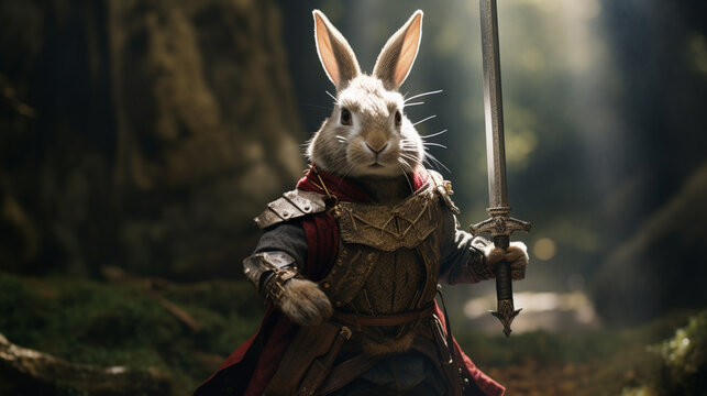 A rabbit in armor and with a sword