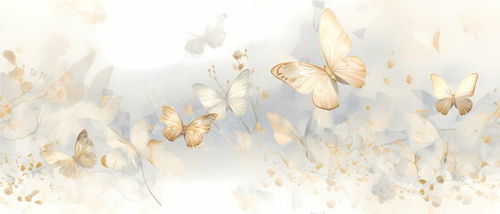 Beautiful butterflies, stunning airy and dreamy watercolor, soft faded colors in beige white and gold tones