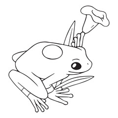 Contour Oophaga, small frog with ring on back. Funny patterned froggy sit with flower. Outline toad, amphibian animal. Wild swamp fauna. Lineart isolated vector illustration on white background