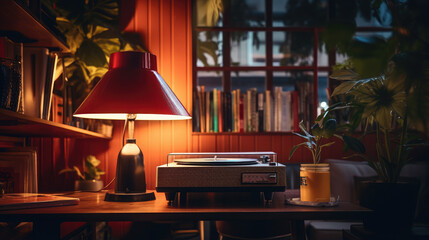 old retro jazz cafe with vinyl records on the player, cozy interior, bar, room, home, music, vintage, warm light, lamp, design