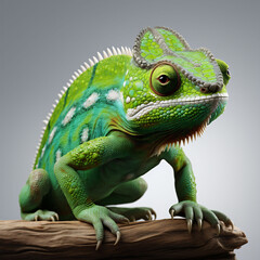 Obraz premium Green chameleon on a branch on white background close up