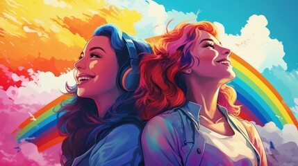 Illustration of happy female lesbian couple on rainbow background Pride month, Lgbt family, Diversity concept and LGBTQ family relationships