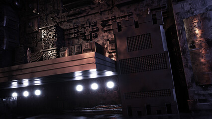 3D rendering of a highly detailed science fiction interior environment with cyberpunk style and soft focus background