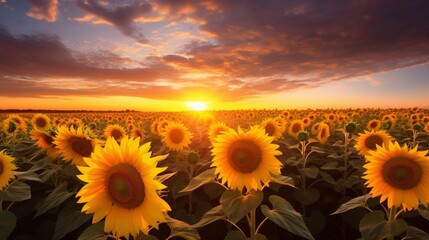 A serene morning view of a sunflower tunnel, their heads turned towards the rising sun in the distance.
