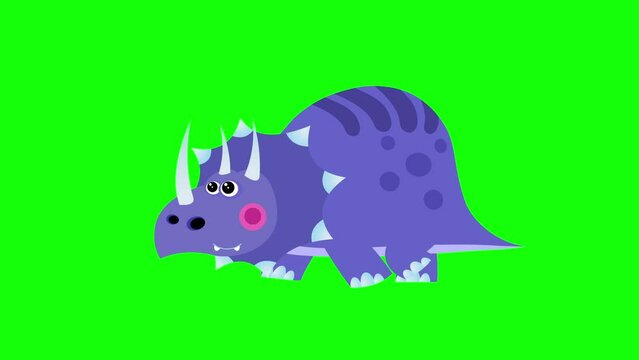 Cartoon dinosaur triceratops walking cycle greenbox. Cute 2d hand made prehistoric violet animal character animation good for any use. 