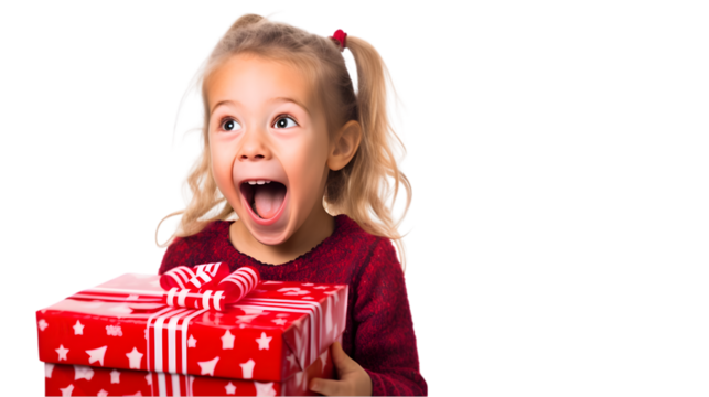 Ecstatic Little Girl with Christmas Gift on transparent background