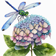 Hydrangea flowers and dragonfly on white background. Illustration, watercolor - obrazy, fototapety, plakaty
