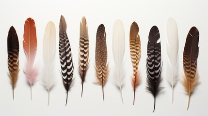 A series of sleek, arrow-like feathers from different birds, arranged in a row on a white backdrop.