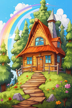 Fairytale house in the forest, cartoon children's book illustration