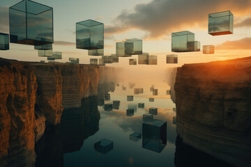 Floating Cubes at Sunset. Mystical Reflections over Rugged Cliffs