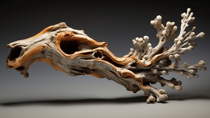 A single barnacle-encrusted driftwood piece, evidence of life from the ocean depths.