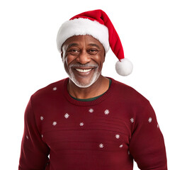black african elderly old man  in a Santa cap hat and a Christmas sweater isolated on a white transparent background