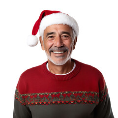 latin elderly old man  in a Santa cap hat and a Christmas sweater isolated on a white transparent background