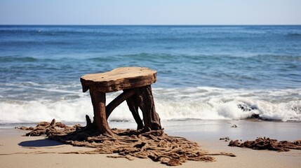 Fototapeta na wymiar A single rustic stool, its wood weathered by time, offering a seat to watch the waves.