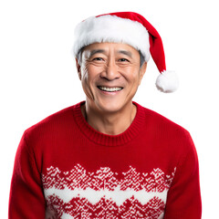 asian elderly old man  in a Santa cap hat and a Christmas sweater isolated on a white transparent background