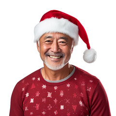 asian elderly old man  in a Santa cap hat and a Christmas sweater isolated on a white transparent background