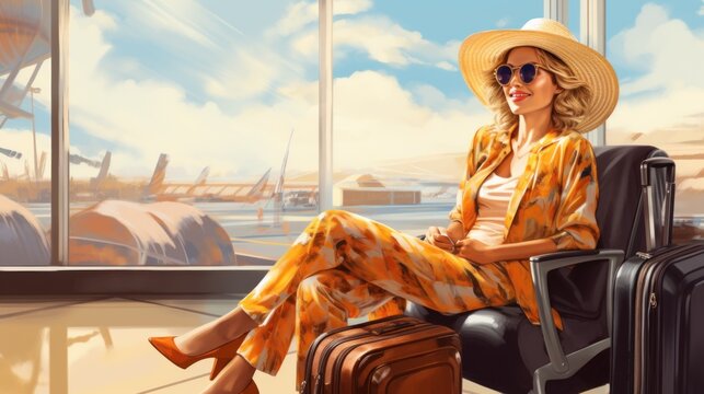business woman woman at the airport is waiting for a plane, a travel ticket and documents for immigration, flight schedule. Travel, vacation, journey, trip