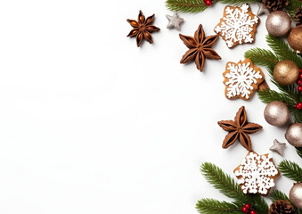 Christmas and New year white background decorations and elements layout flat lay template. Free copy space frame mock up for text and design.
