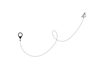 Paper plane with dotted line, paper airplane, travel symbol,  isolated vector illustration.