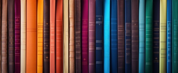 Many color books on library shelves patterns background. Large group of books web banner, background. Huge stack of multicolored books