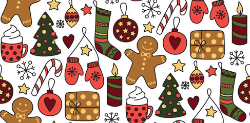 Seamles pattern with Christmas things. Hand drawn cute vector backdrop with socks, gingerbread, candles, gifts, stars, snowflakes, Christmas balls, gloves, cup of cocoa, candies, Christmas trees.