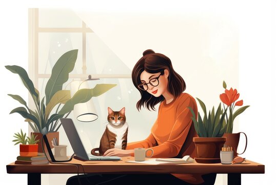 Woman with cat working at home desk. Person love pet freelance job. Generate Ai