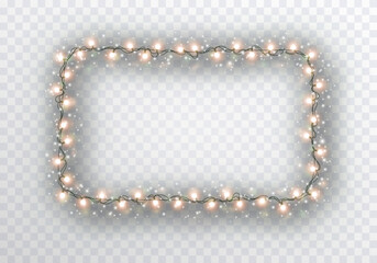 Lights bulbs frame isolated on transparent background. Glowing fairy Christmas garland string border. Vector New Year party led lamps decoration