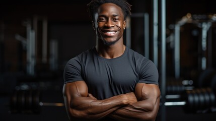 Fototapeta na wymiar Portrait of smiling african american man with arms crossed at gym Generative AI