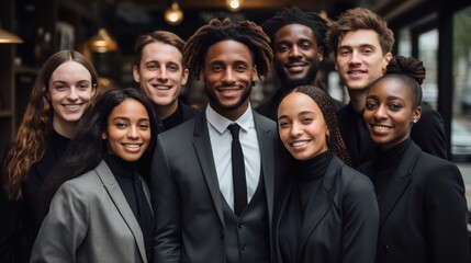 multiethnic businesspeople standing together and smiling at camera in office Generative AI - Powered by Adobe