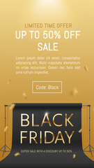 Black Friday Sale social media story. Website vertical sale banner. Falling golden confetti isolated on gold background. Limited time offer flyer. Code: black. Up to 50% off sale. Discount vector tag. - 670489432