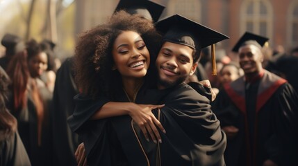Multiracial students in academic gowns and caps hugging each other Generative AI