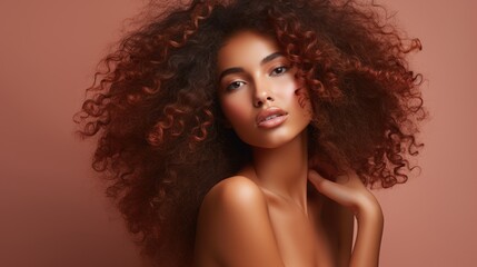 Beautiful young african american woman with long curly hair. Generative AI