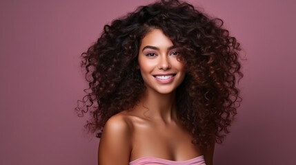 Portrait of a beautiful young woman with curly hair on a pink background Generative AI