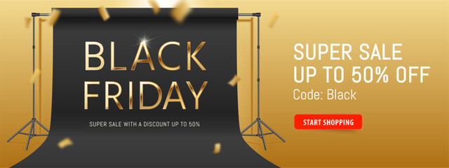 Black Friday sale horizontal banner. Limited time offer. Website header with golden flying confetti. 3d luxury offer banner with red push button. Black photo studio frame, background. 50% off sale. - 670489471