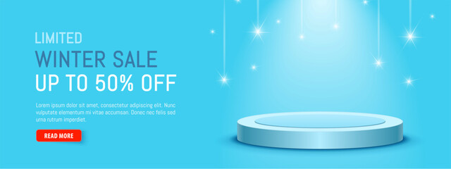 Round product 3d podium on bright blue background. Winter sale horizontal banner with red push button. Falling stars. Make a wish. Up to 50% sale. Retail pastel color platform. Showroom empty display - 670489486