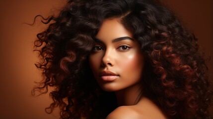 Beautiful african american woman with long curly hair. Portrait of fashion model Generative AI