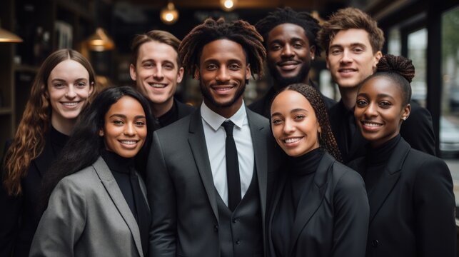 multiethnic businesspeople standing together and smiling at camera in office Generative AI