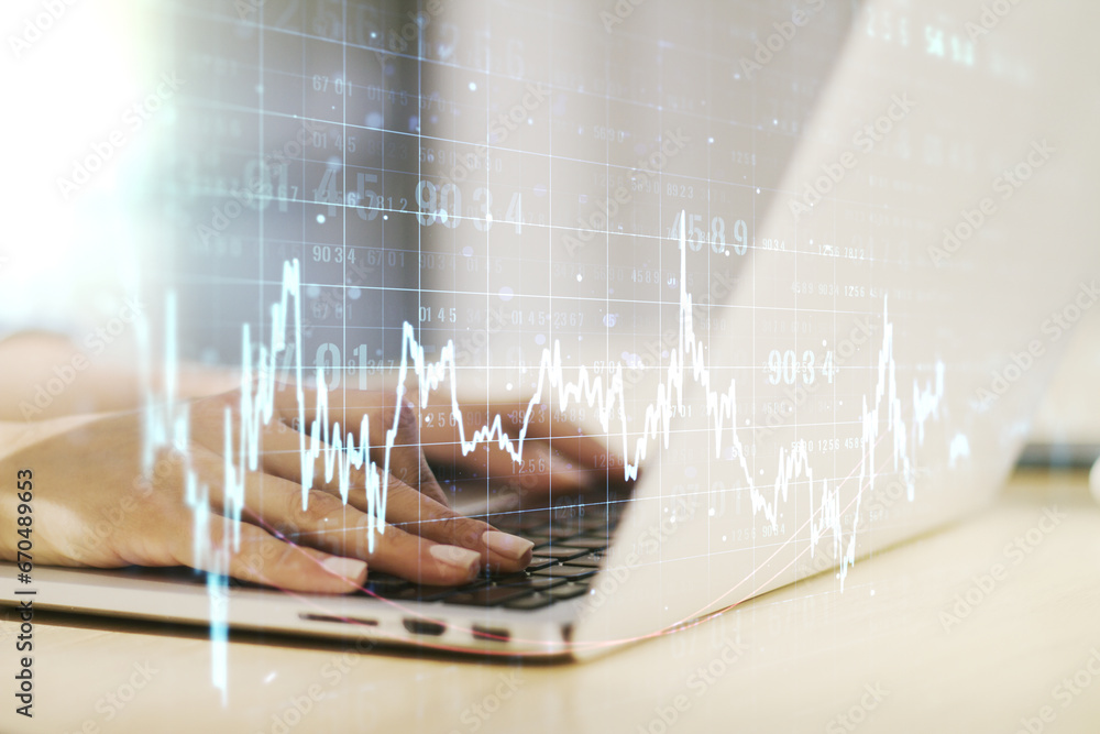 Poster multi exposure of abstract financial diagram with hand typing on computer keyboard on background, ba