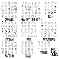 Set of doodles vector icon Summer, Healthy Lifestyle, Tree, Podcast, Baby, Adventure, Battery, Trash, Flower eps10