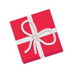 Red gift box icon with white ribbon isolated on transparent and white background. Close-up element for decorating design for Boxing Day. Festive vector flat illustration for birthday. Cyber Monday.