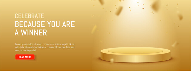 Gold premium design background with falling golden confetti. Round retail display. Circle 3d product podium. Stylish pedestal for winner. The best modern product platform, stage. Empty realistic room.