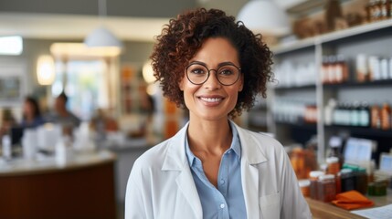 happy african american pharmacist in eyeglasses at pharmacy Generative AI