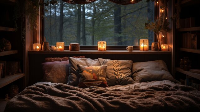 Cozy and Peaceful Bedroom with Gentle Illumination generated by AI tool 