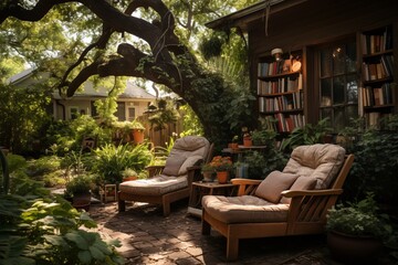 Front yard with a cozy reading nook under a shady tree, Generative AI