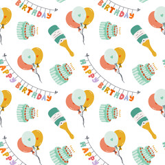 Seamless pattern with birthday garland, cake, balloon, champagne in cute doodle style. Childish design with holiday clipart for wrapping paper, print, fabric, scrapbook. Bright festive background.